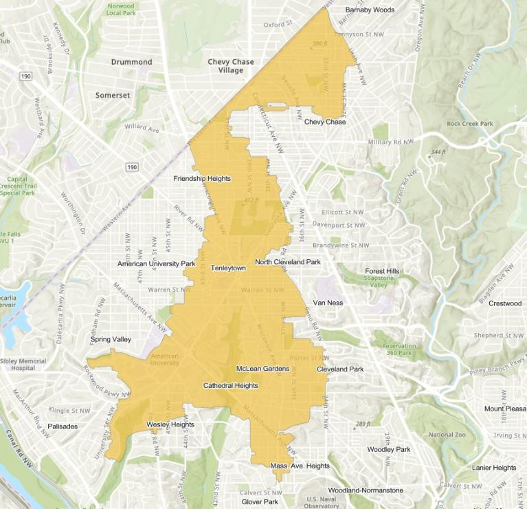 Map of impacted areas in Upper Northwest areas in  Chevy Chase DC, Friendship Heights, Tenleytown, AU Park, Spring Valley, Cleveland Park, Woodley Park, Van Ness, Glover Park, Wesley Heights, and Cathedral Heights