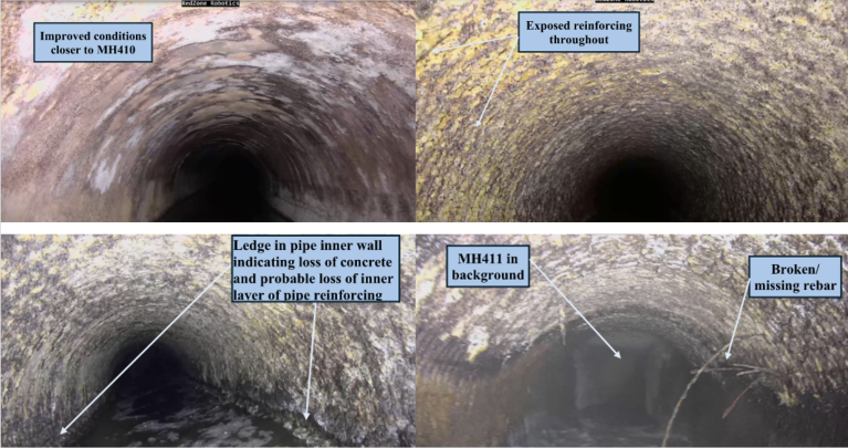 Four CCTV images of the pipe showing the condition of particular areas of the pipe