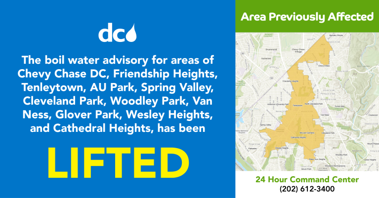 Graphic saying BWA lifted and listing areas and map in Upper Northwest DC including some or all of the Chevy Chase DC, Friendship Heights, Tenleytown, AU Park, Spring Valley, Cleveland Park, Woodley Park, Van Ness, Glover Park, Wesley Heights, and Cathedral Heights 