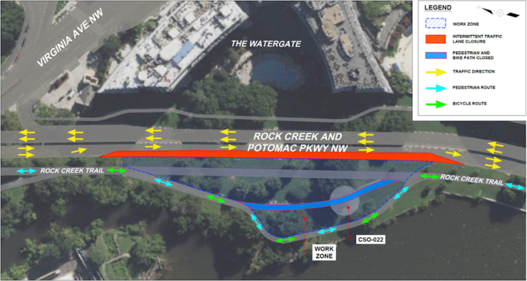 Map: Temporary southbound lane closure on Rock Creek and Potomac Parkway NW.