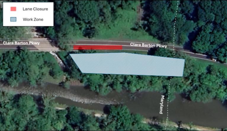 Image of Clara Barton Parkway showing lane closure