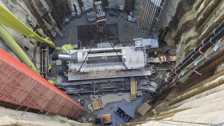 Last gantry at the bottom of the shaft where crews connect it