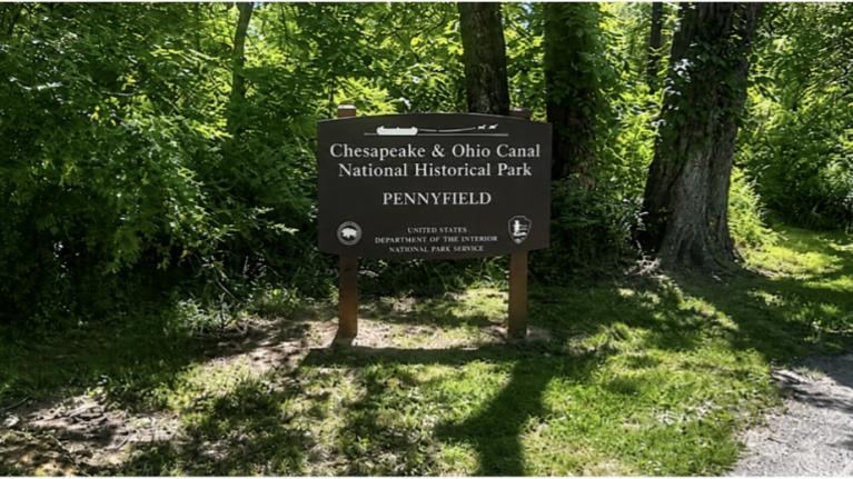 A sign for the Pennyfield area in the C&O Canal National Historical Park