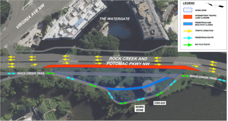 Map: Temporary closure of the southbound curb lane on Rock Creek and Potomac Parkway NW