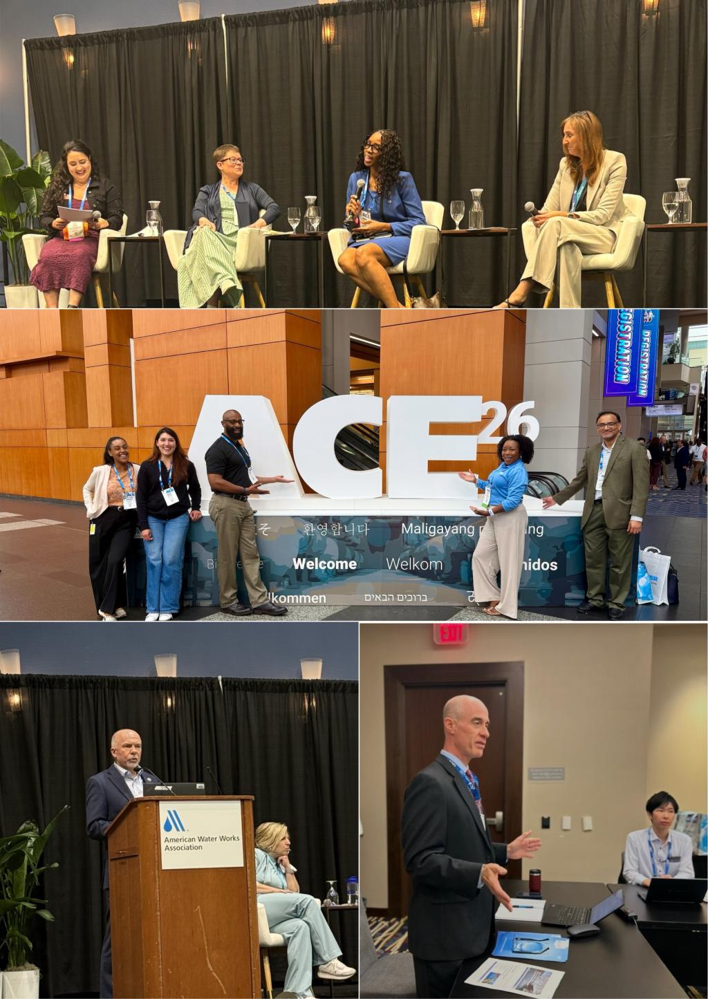 Five photos from the American Water Works Association (AWWA) ACE26 conference featuring panel discussions, technical presentations, networking, and attendees posing at the ACE26 display.