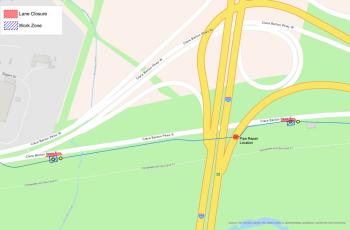 Clara Barton Parkway Lane Closure Map Map of Clara Barton Parkway near 495 with lane closures marked and site of incident damage
