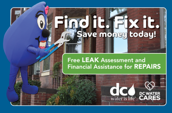 Leak Assessment & Repair Program Graphic image of Wendy mascot with a wrench next to rowhouses