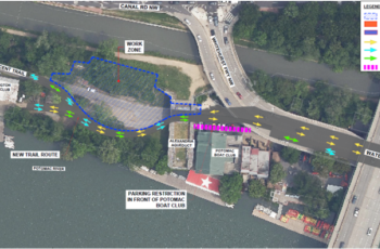 Capital Crescent Trail Detour & Construction Activity Map: The new trail route south of the work zone is a shared path for pedestrians, bicyclists, and motorists visiting the Washington Canoe Club.