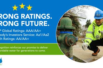 Strong Ratings. Strong Future. DC Water worker next to hydrant and list of bond ratings by agency