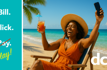 Image of woman enjoying the beach with her phone in hand and the words Bill. Click. Pay. With Pay struck out and Play added.