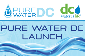 Pure Water DC Logo with DC Water Logo and the text Pure Water DC Launch over graphic image of water