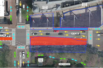 The map highlights lane closures in red on K Street NW between 29th and 30th streets NW.
