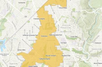 Map of impacted areas in Upper Northwest areas in  Chevy Chase DC, Friendship Heights, Tenleytown, AU Park, Spring Valley, Cleveland Park, Woodley Park, Van Ness, Glover Park, Wesley Heights, and Cathedral Heights