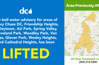 Graphic saying BWA lifted and listing areas and map in Upper Northwest DC including some or all of the Chevy Chase DC, Friendship Heights, Tenleytown, AU Park, Spring Valley, Cleveland Park, Woodley Park, Van Ness, Glover Park, Wesley Heights, and Cathedral Heights 