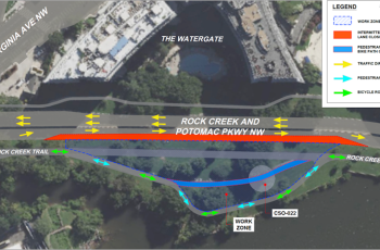 Map: Temporary southbound lane closure on Rock Creek and Potomac Parkway NW.