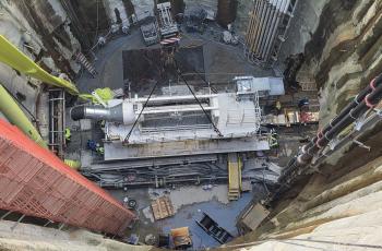 Last gantry at the bottom of the shaft where crews connect it