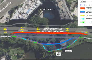 Map: Temporary closure of the southbound curb lane on Rock Creek and Potomac Parkway NW