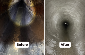 Pipe section before showing exposed rebar and corrosion next to pipe section with geopolymer applied and looks brand new